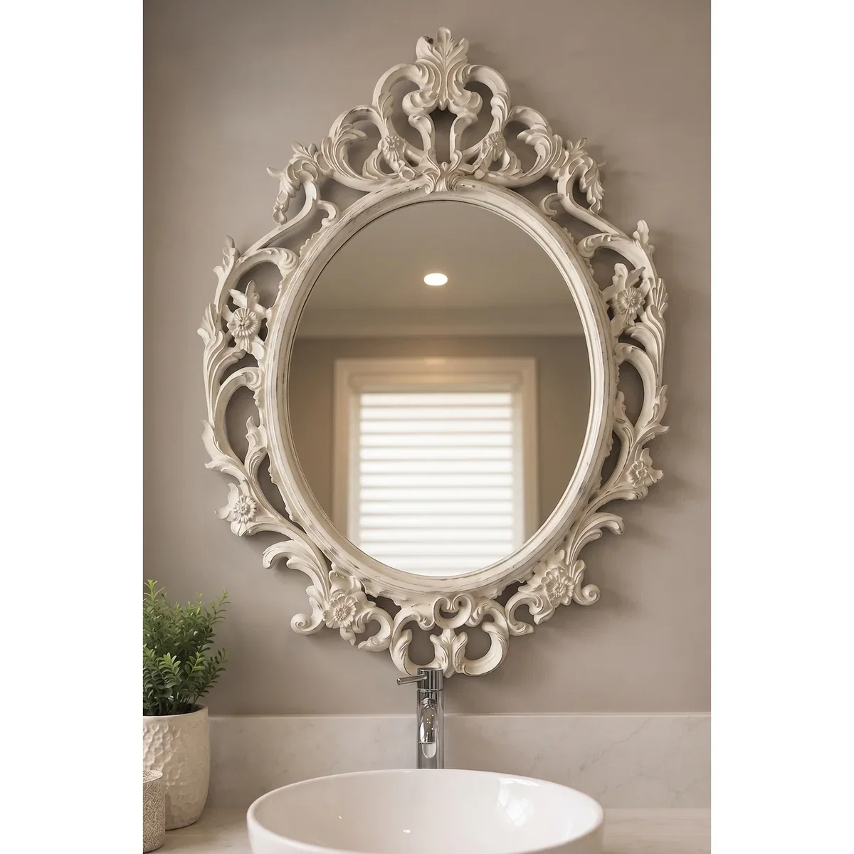 Oval Ornate Baroque Wall Mirror White-Rustic Frame 69x48Cm - Whitey Rustic – image 2