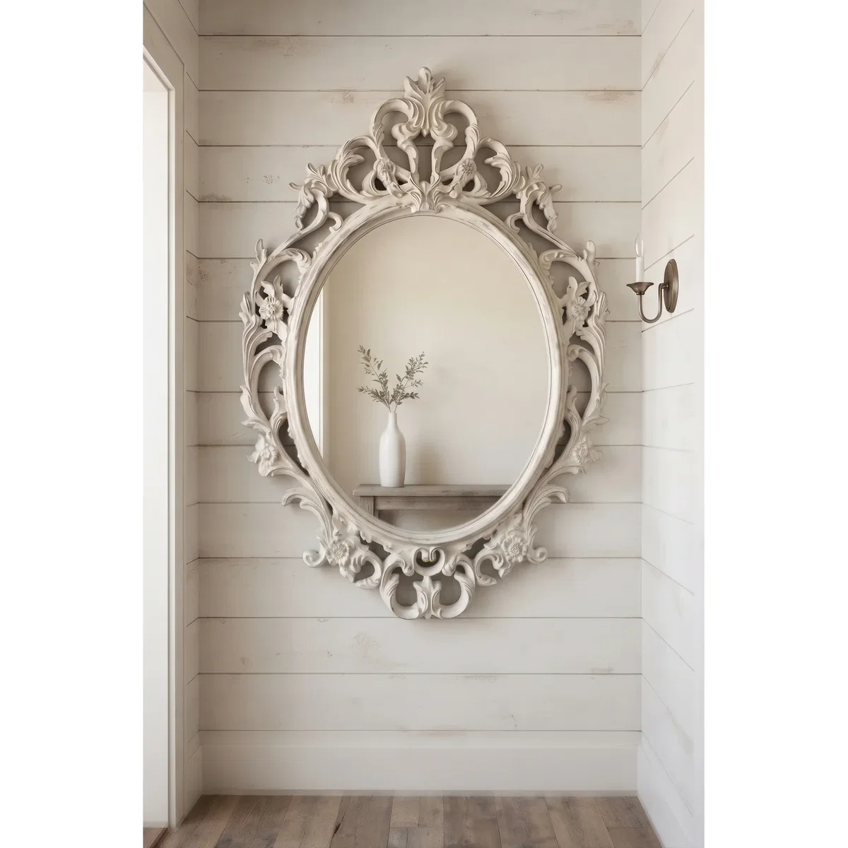 Oval Ornate Baroque Wall Mirror White-Rustic Frame 69x48Cm - Whitey Rustic – image 3