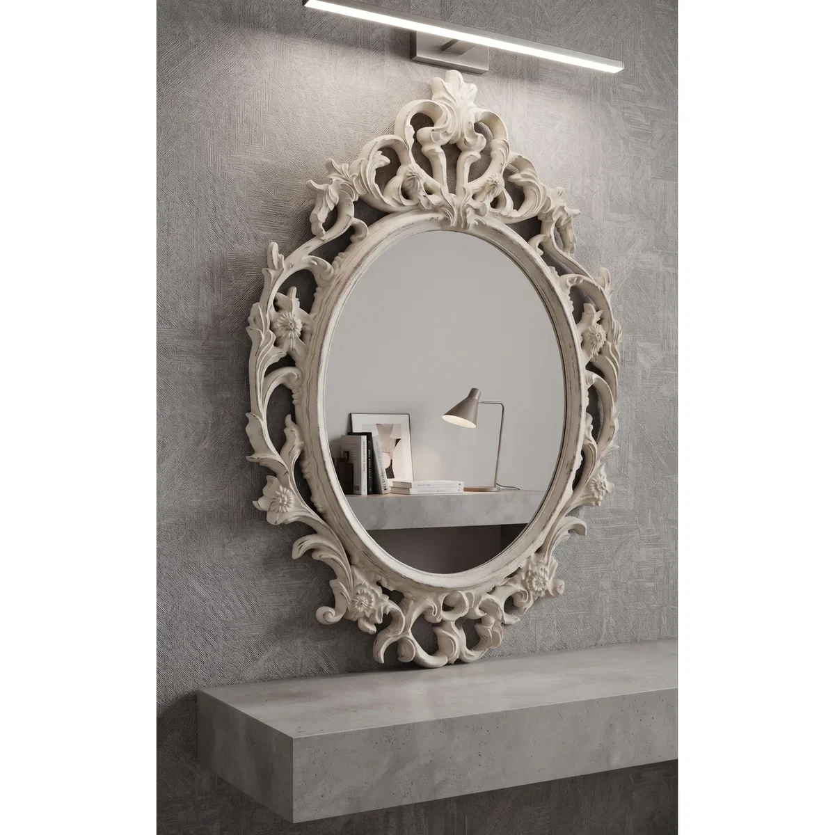 Oval Ornate Baroque Wall Mirror White-Rustic Frame 69x48Cm - Whitey Rustic – image 4