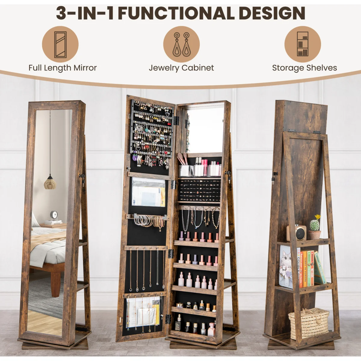 Standing Jewelry Organizer with Full Length Mirror - Brown – image 3