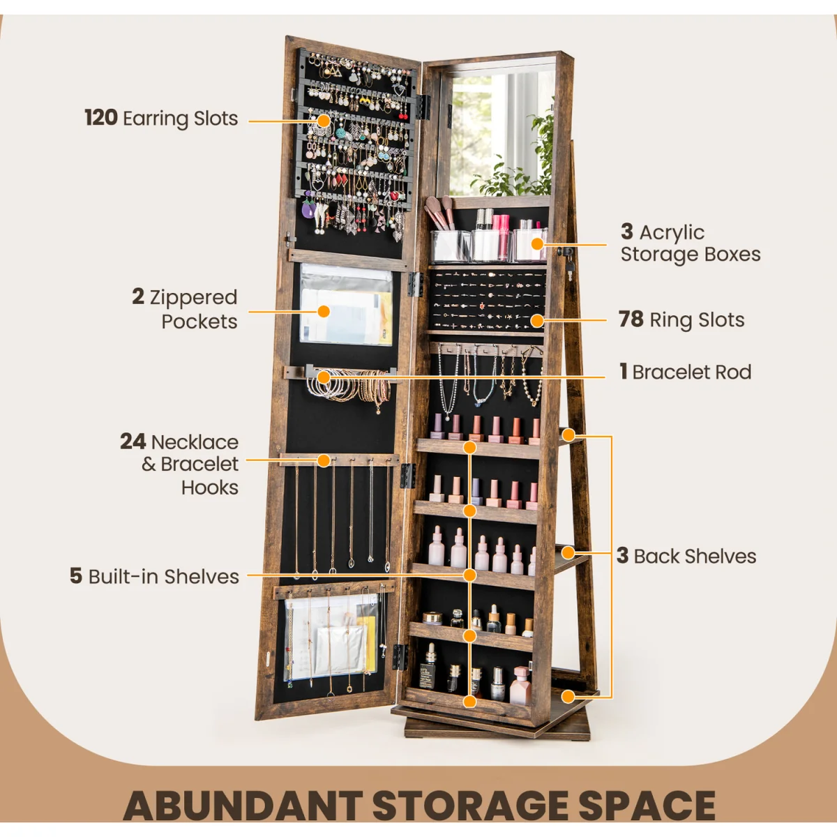 Standing Jewelry Organizer with Full Length Mirror - Brown – image 5