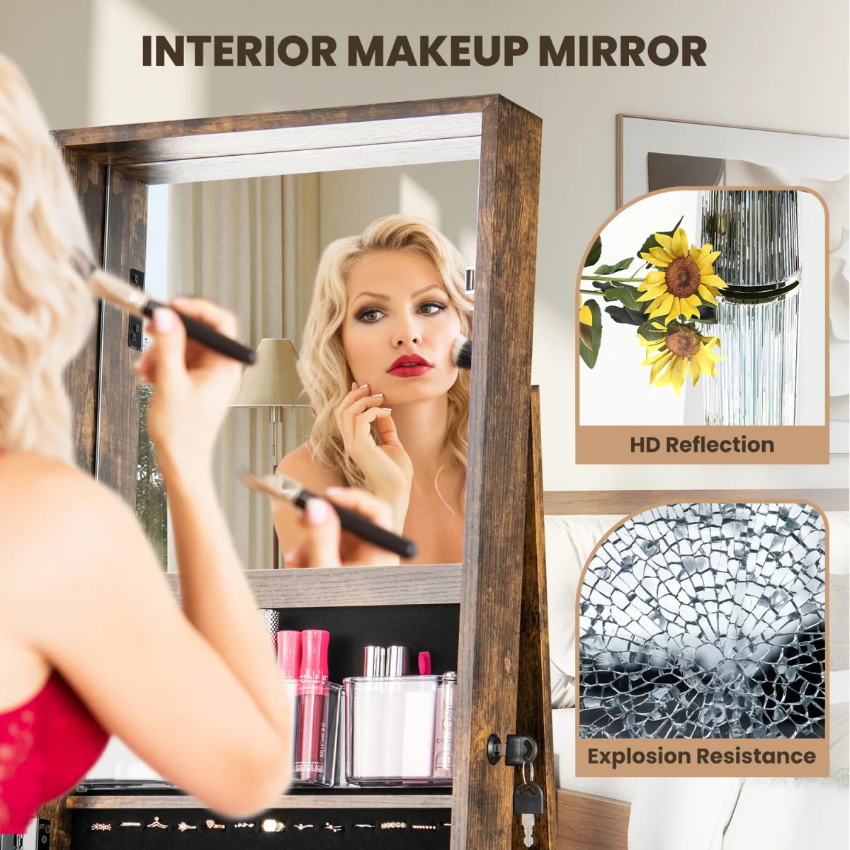 Standing Jewelry Organizer with Full Length Mirror - Brown – image 6