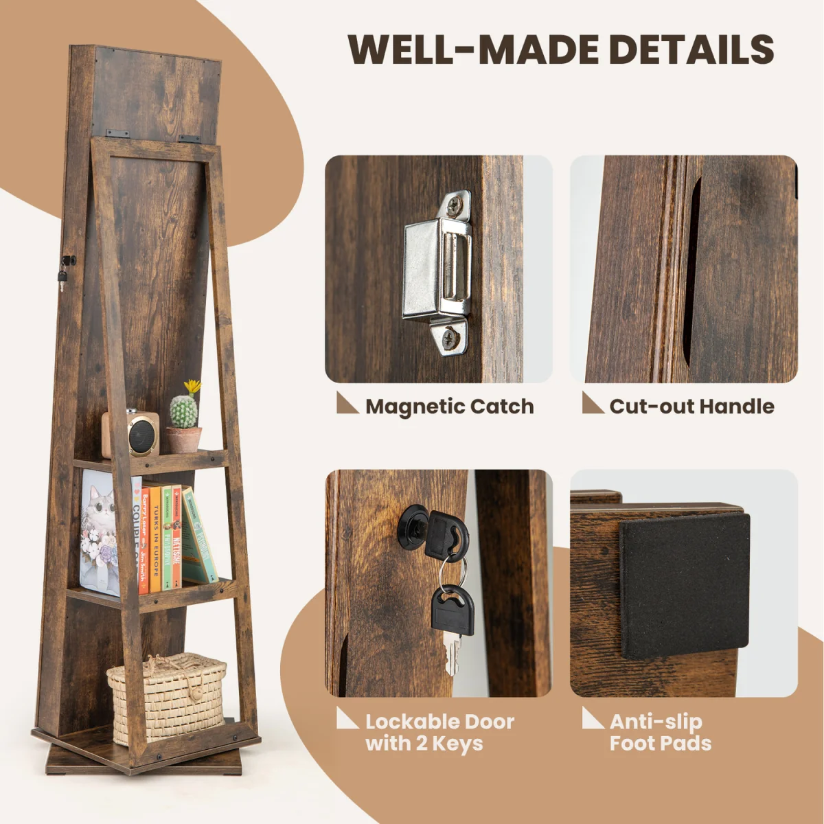 Standing Jewelry Organizer with Full Length Mirror - Brown – image 7