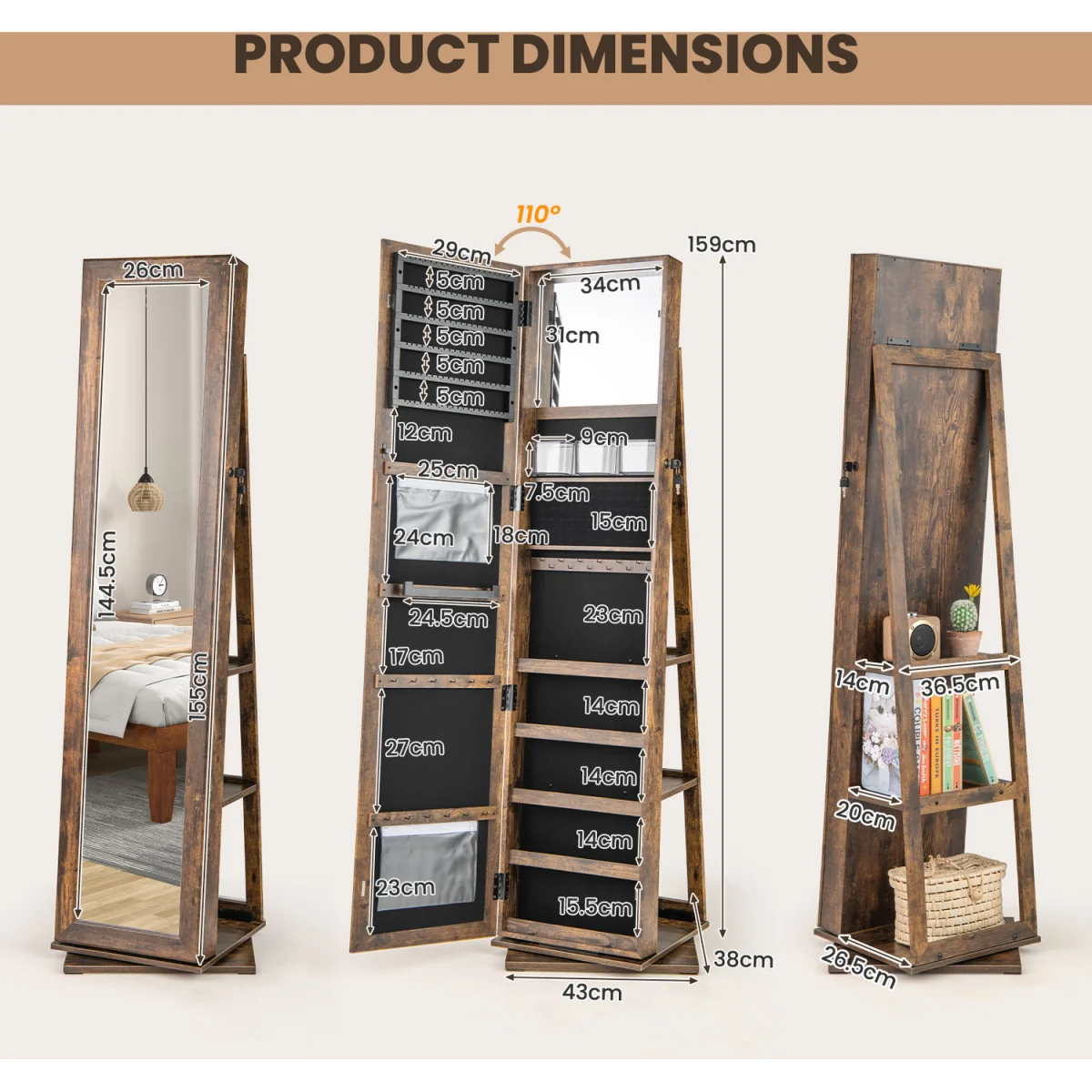 Standing Jewelry Organizer with Full Length Mirror - Brown – image 8