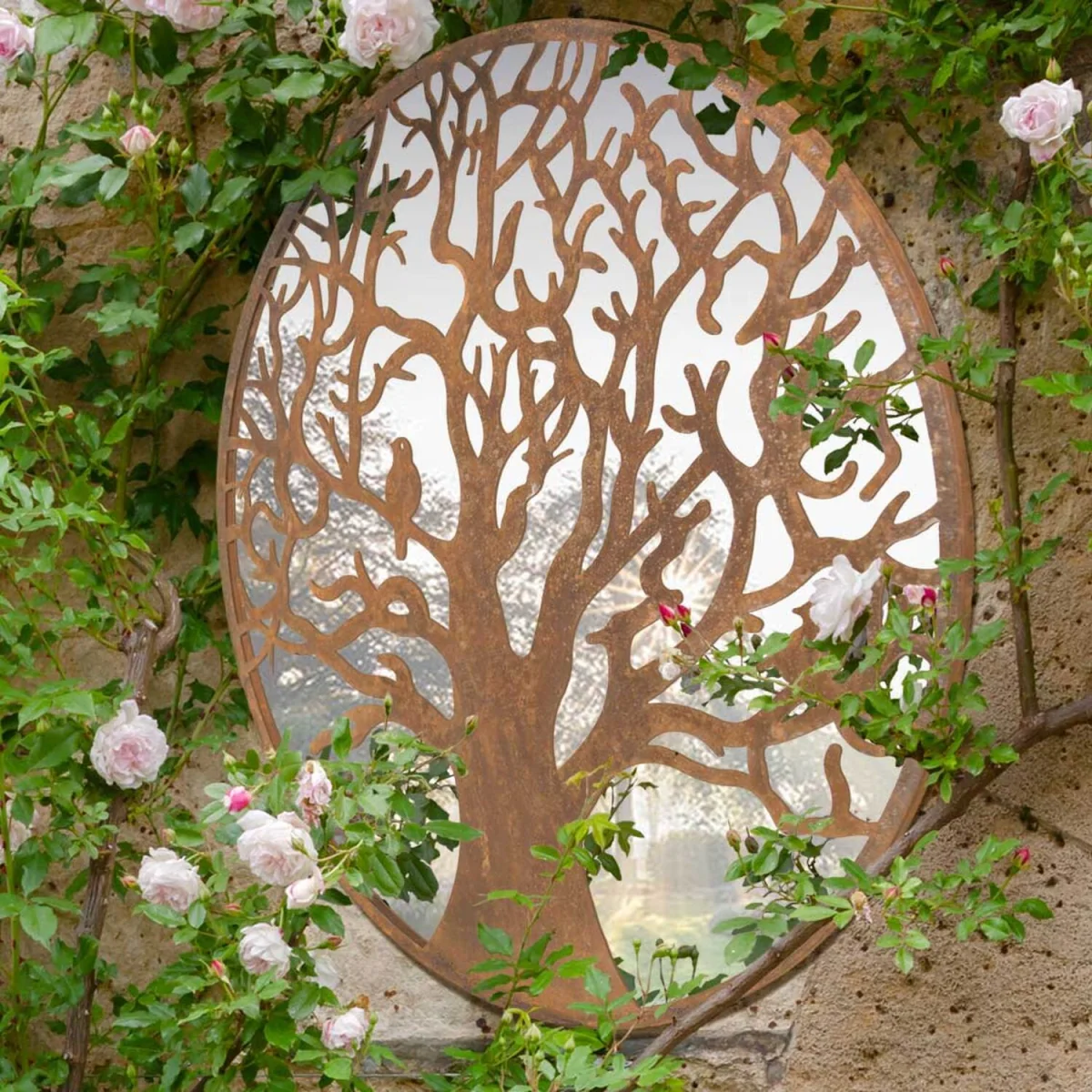 MirrorOutlet Small Bird Tree Design Round Garden Mirror 60 x 60 CM - Brown – image 2