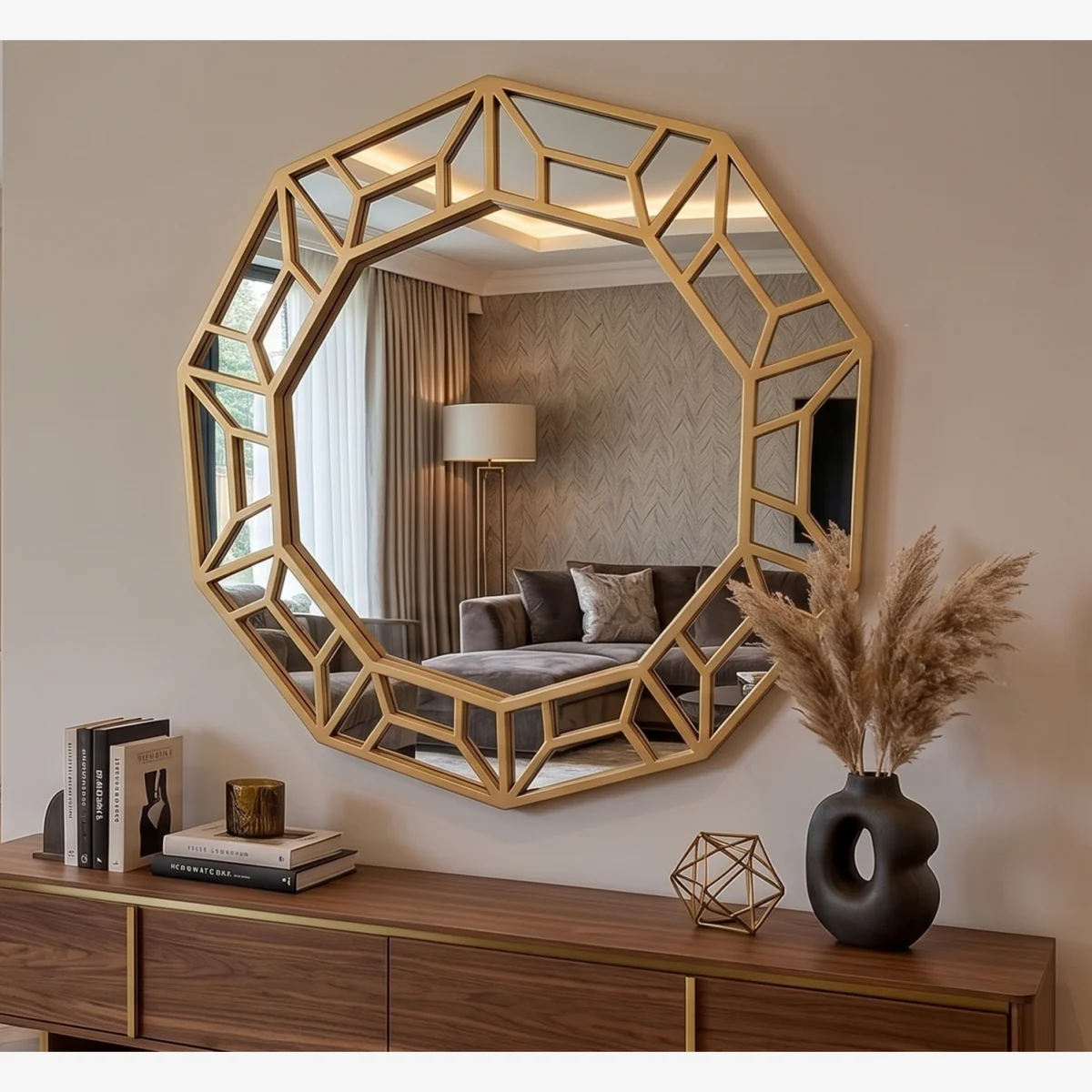 Decagonal Wall Mirror Gold Plastic Geometric Frame 61x57x2Cm - Golden