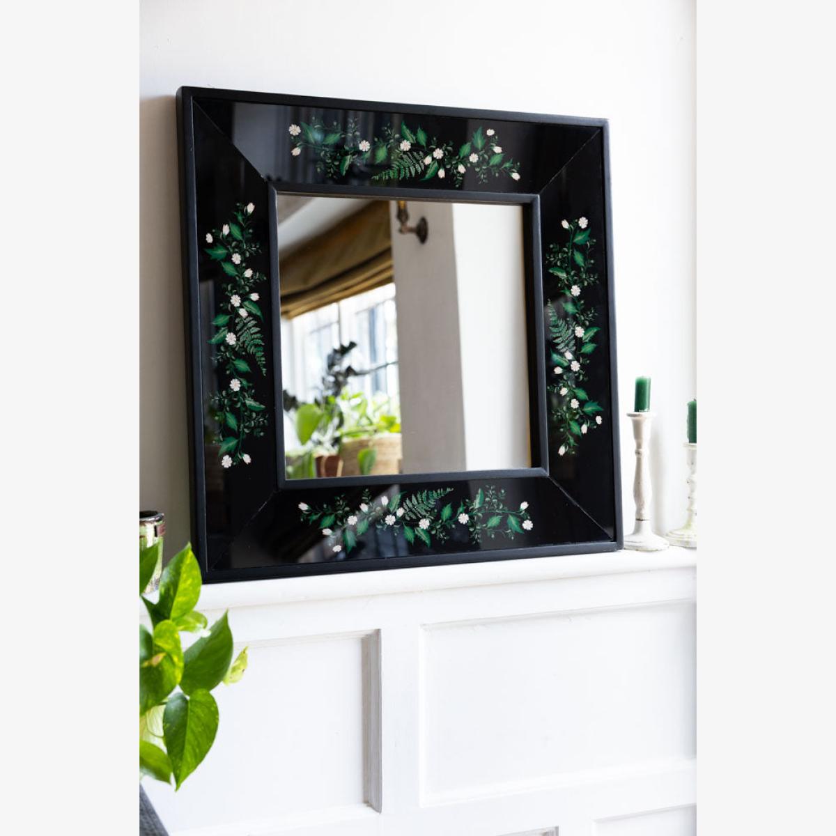 Black & Floral Wooden Framed Mirror – image 1