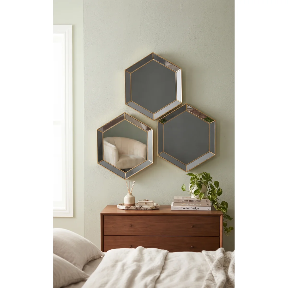 3x Gold Hexagon Wall Mirror Plastic Frame 30Cm - Golden / 4kg – image 2