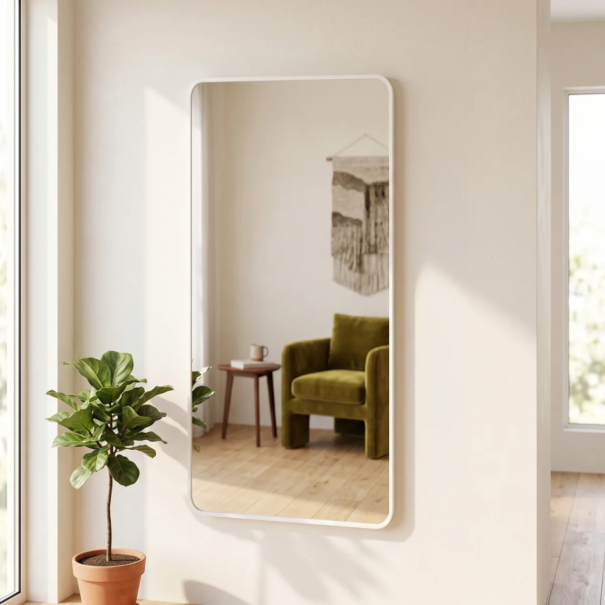 White Rounded Rectangle Metal Wall Mirror 75cm