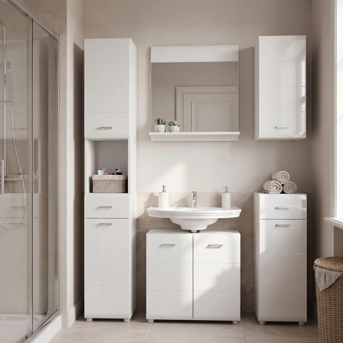 Ice Cave Mirror with Shelf in White with White High Gloss Front - White – image 4