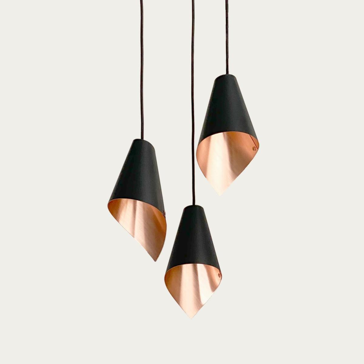 Arc' Triple Pendant Light Cluster - Brushed Copper & Matte Black