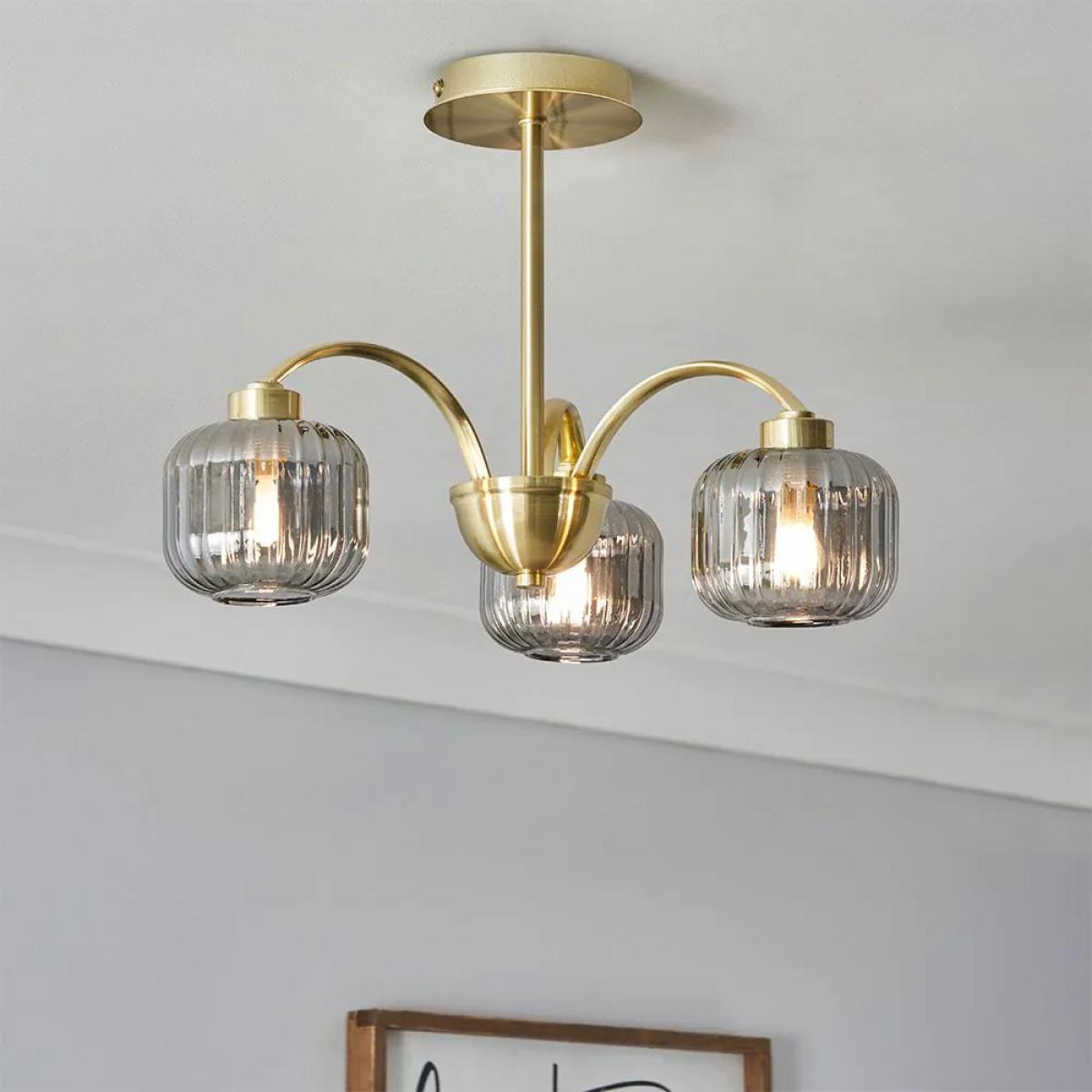 Lyna Small Semi Flush Ceiling Light with Smoked Glass Shades, Satin Brass – image 2