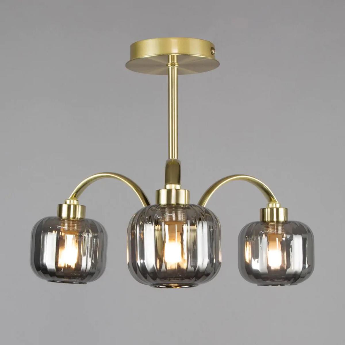 Lyna Small Semi Flush Ceiling Light with Smoked Glass Shades, Satin Brass – image 3