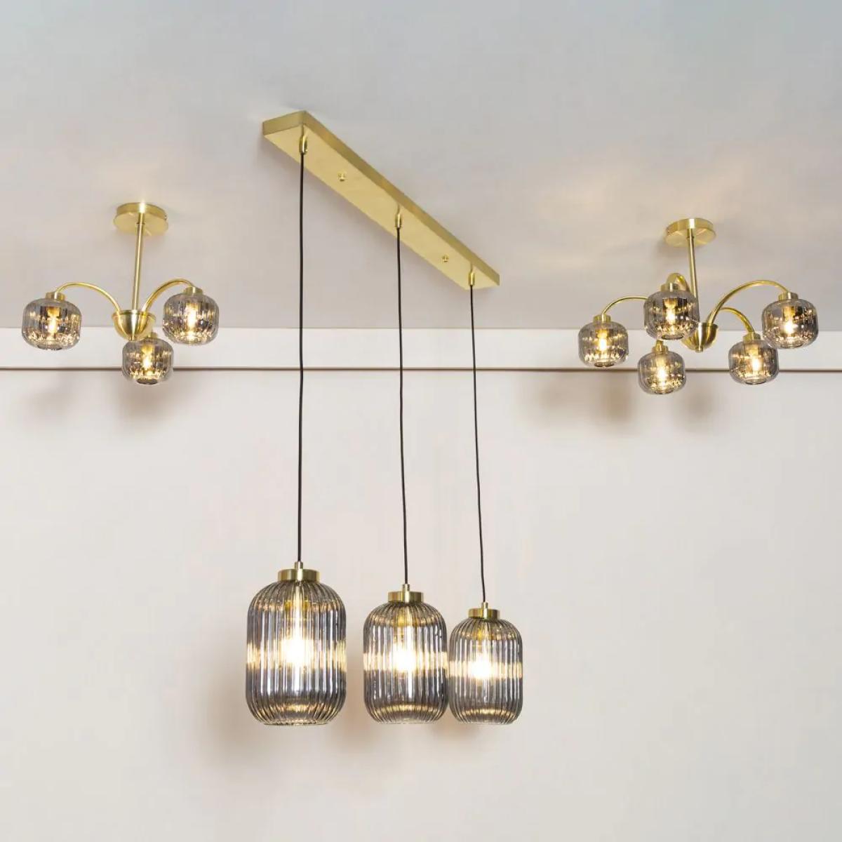 Lyna Small Semi Flush Ceiling Light with Smoked Glass Shades, Satin Brass – image 7
