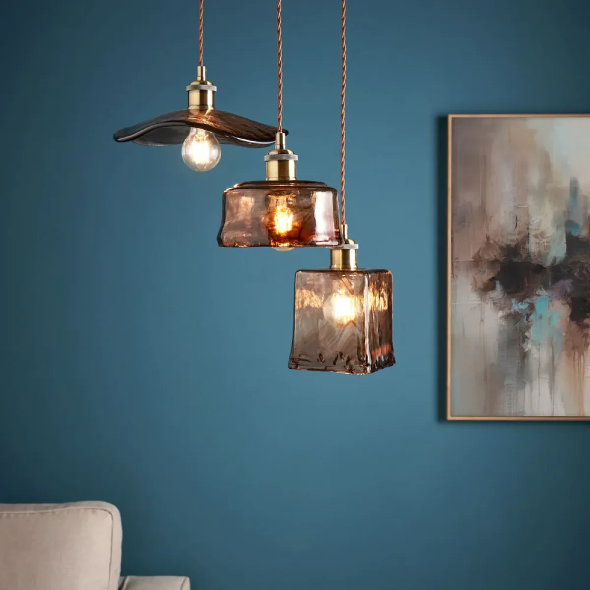Amber 3 Light Cluster Ceiling Pendant with Brown Glass Shades, Satin Brass – image 2
