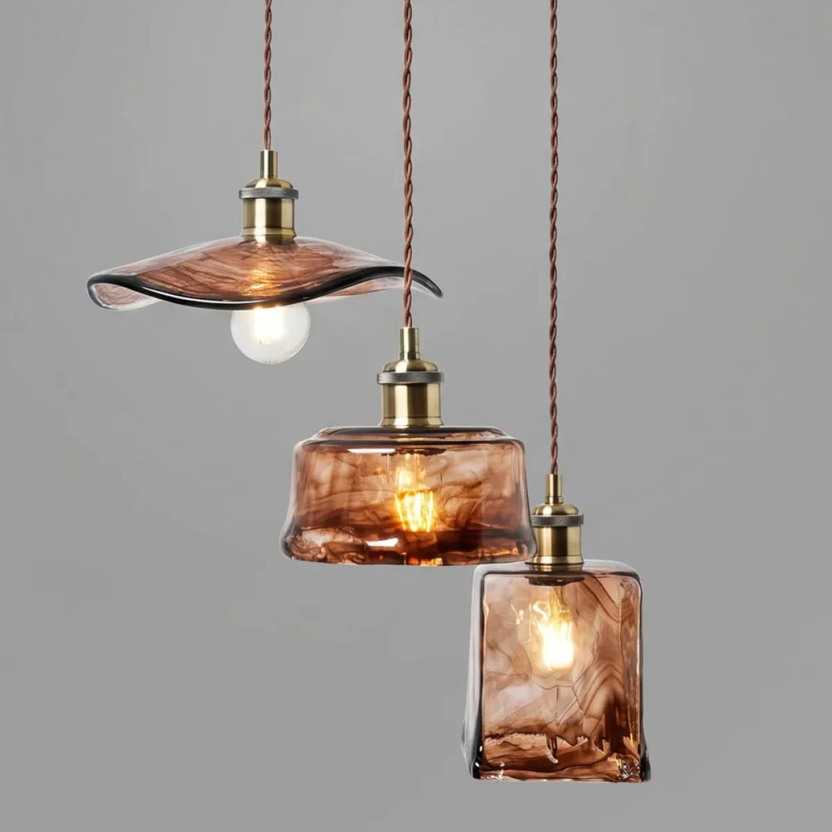 Amber 3 Light Cluster Ceiling Pendant with Brown Glass Shades, Satin Brass – image 3