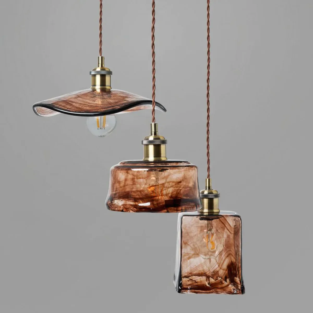 Amber 3 Light Cluster Ceiling Pendant with Brown Glass Shades, Satin Brass – image 4