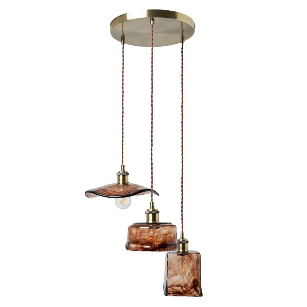 Amber 3 Light Cluster Ceiling Pendant with Brown Glass Shades, Satin Brass – image 6