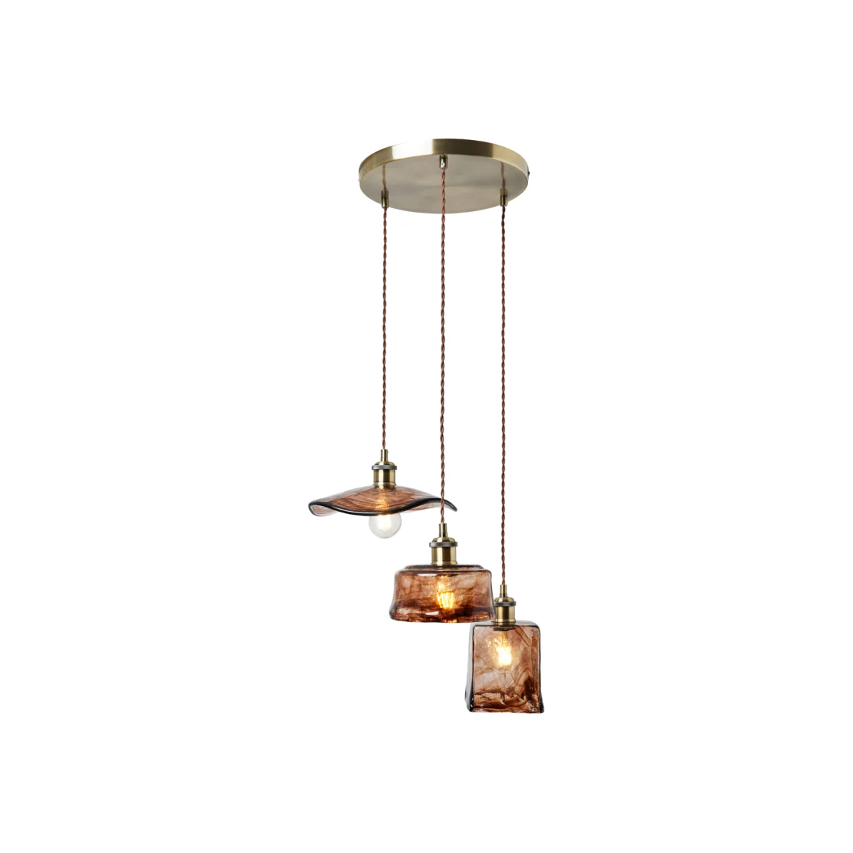 Amber 3 Light Cluster Ceiling Pendant with Brown Glass Shades, Satin Brass – image 1