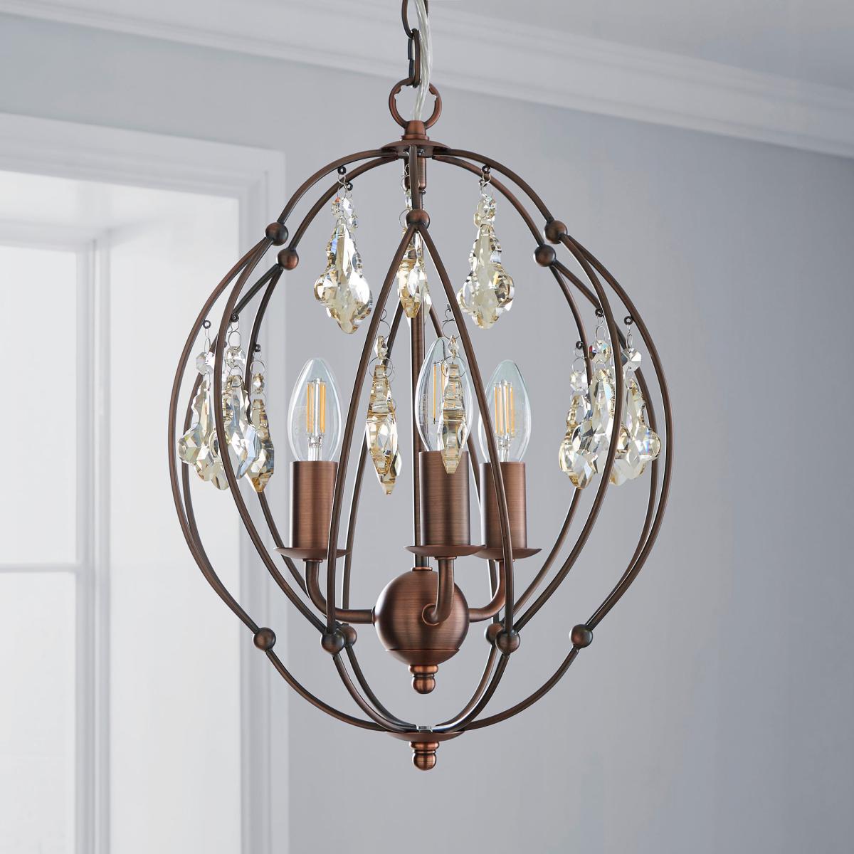 Salino Globe 3 Light Antique Copper Chandelier Antique Matt Copper, Amber – image 2