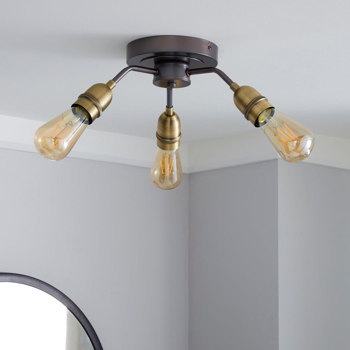 Marsden 3 Light Antique Brass Industrial Semi-Flush Ceiling Fitting Brass Nickel – image 2