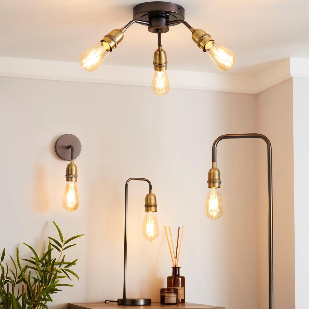 Marsden 3 Light Antique Brass Industrial Semi-Flush Ceiling Fitting Brass Nickel – image 5