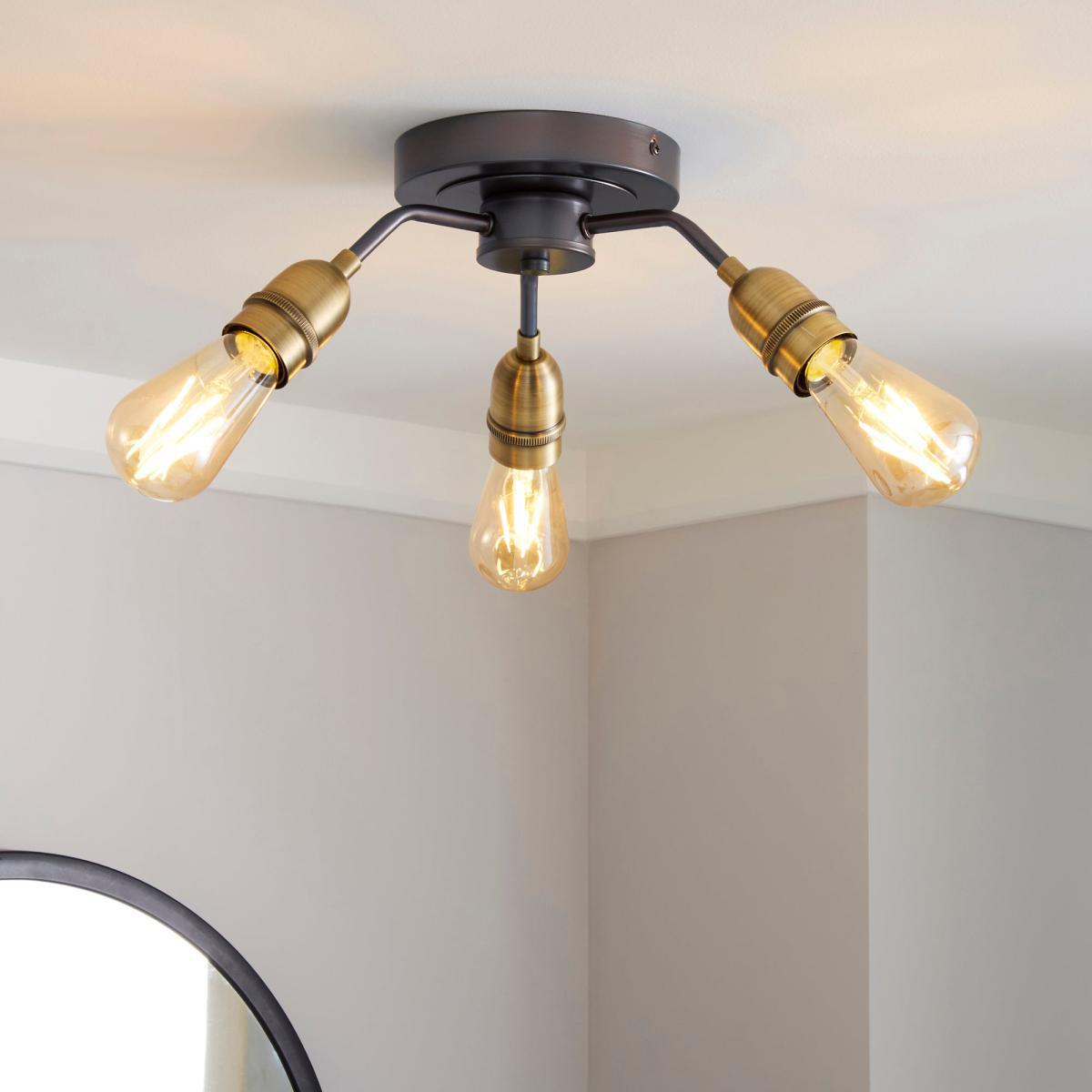 Marsden 3 Light Antique Brass Industrial Semi-Flush Ceiling Fitting Brass Nickel – image 1