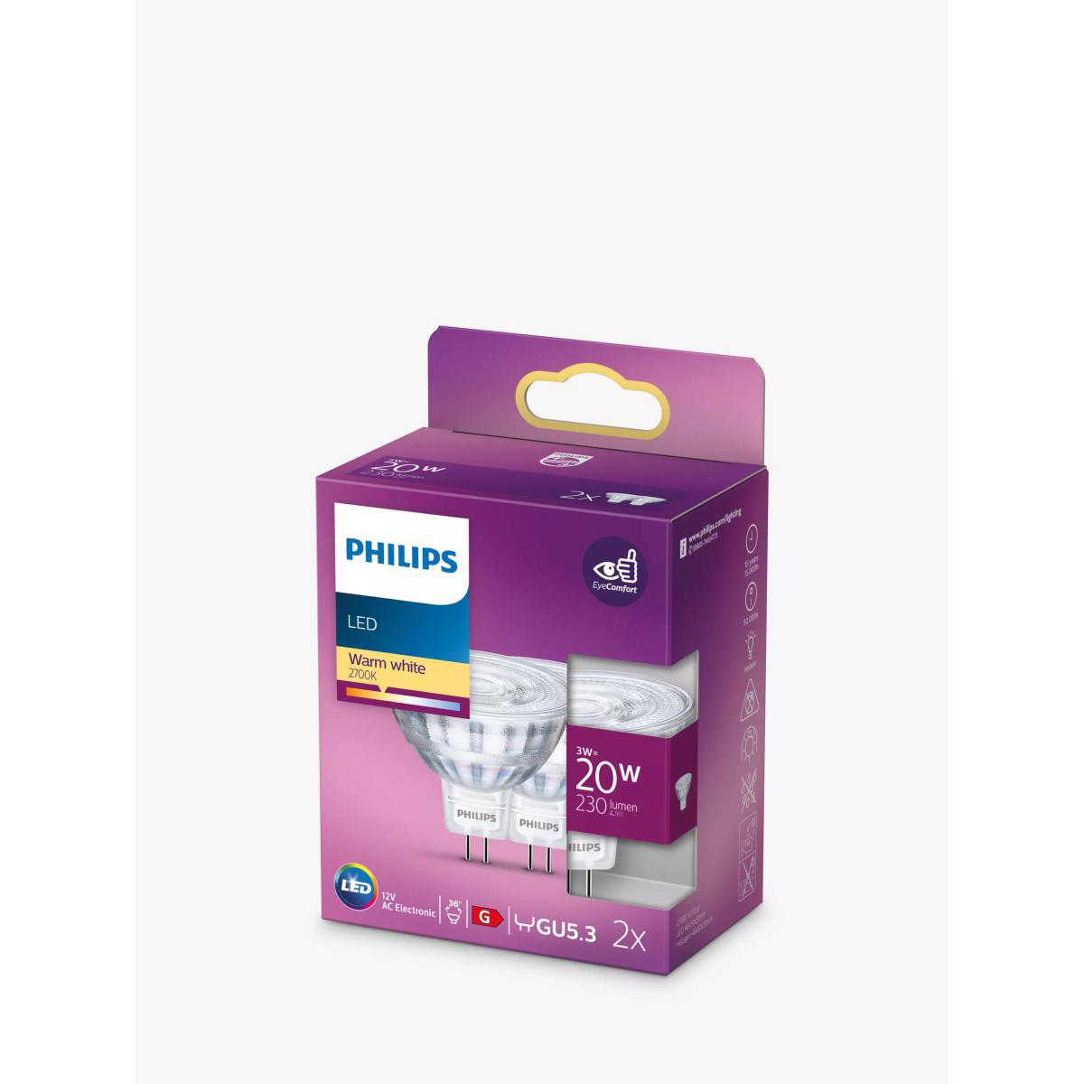 Philips 3W MR16 LED Non-Dimmable Spotlights, Pack of 2, White – image 2
