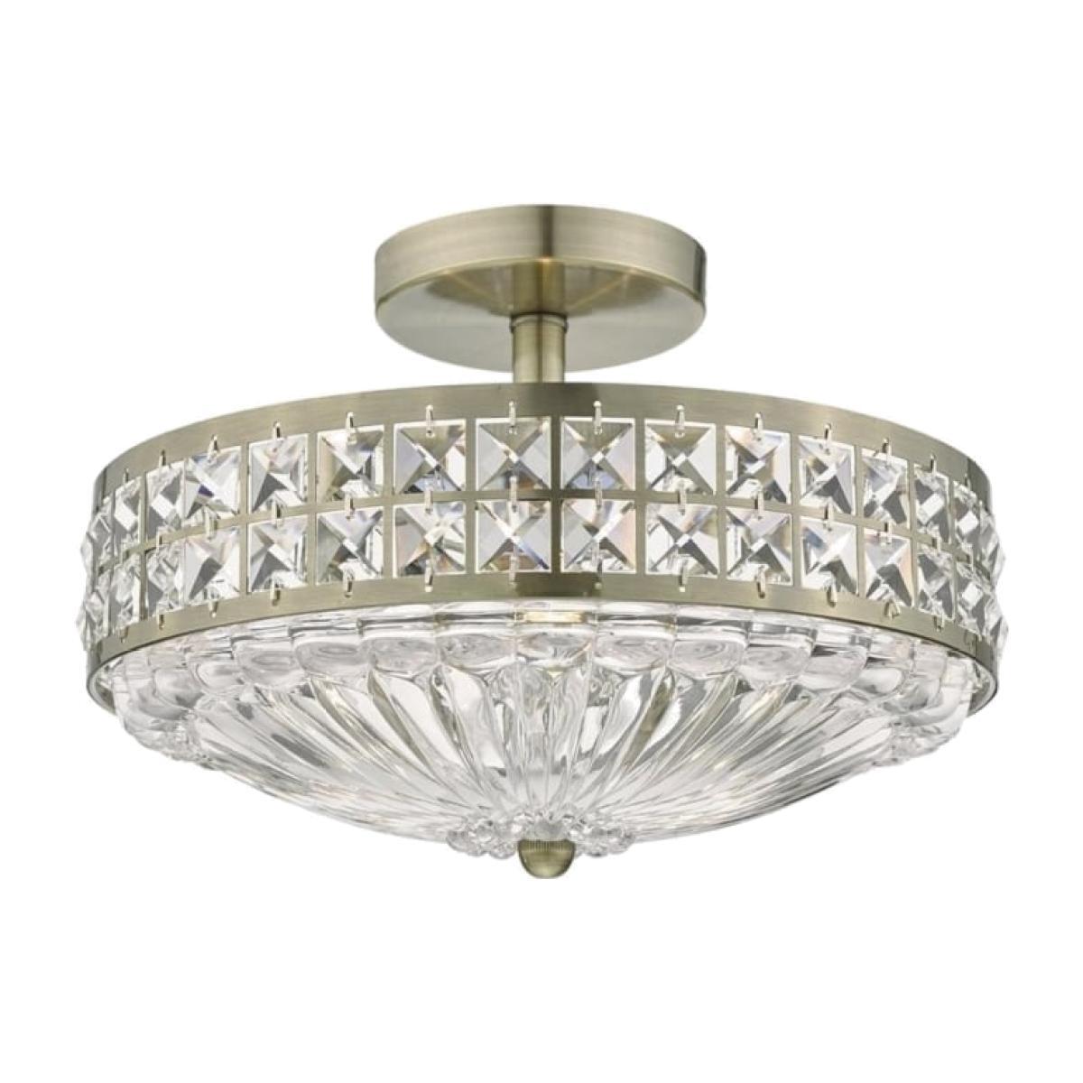 Dar Lighting OLO5375 Olona 3 Light Light Semi Flush Antique Brass Crystal Beads And Glass Diffuser