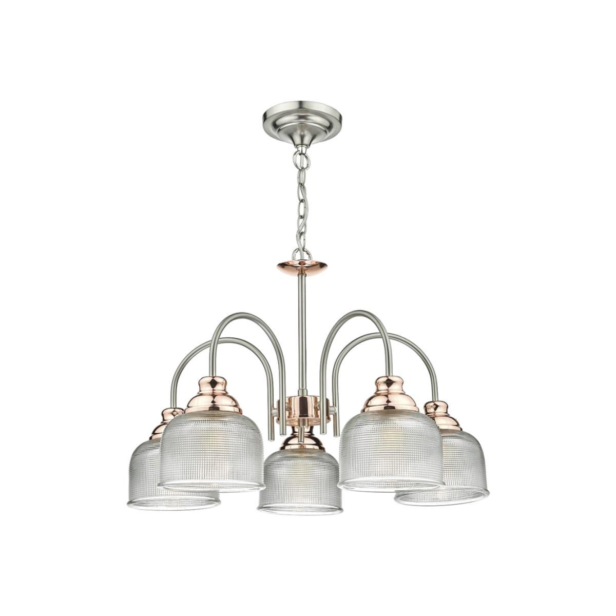 dar lighting WHA0546 Wharfdale 5 Light Pendant Satin Chrome Copper Detail Glass Shades