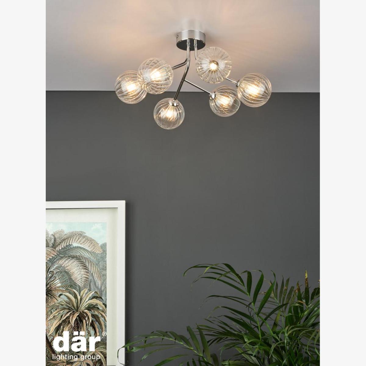 dar lighting Yis6450 Yiska 6 Light Semi Flush Polished Chrome Ribbed Glass