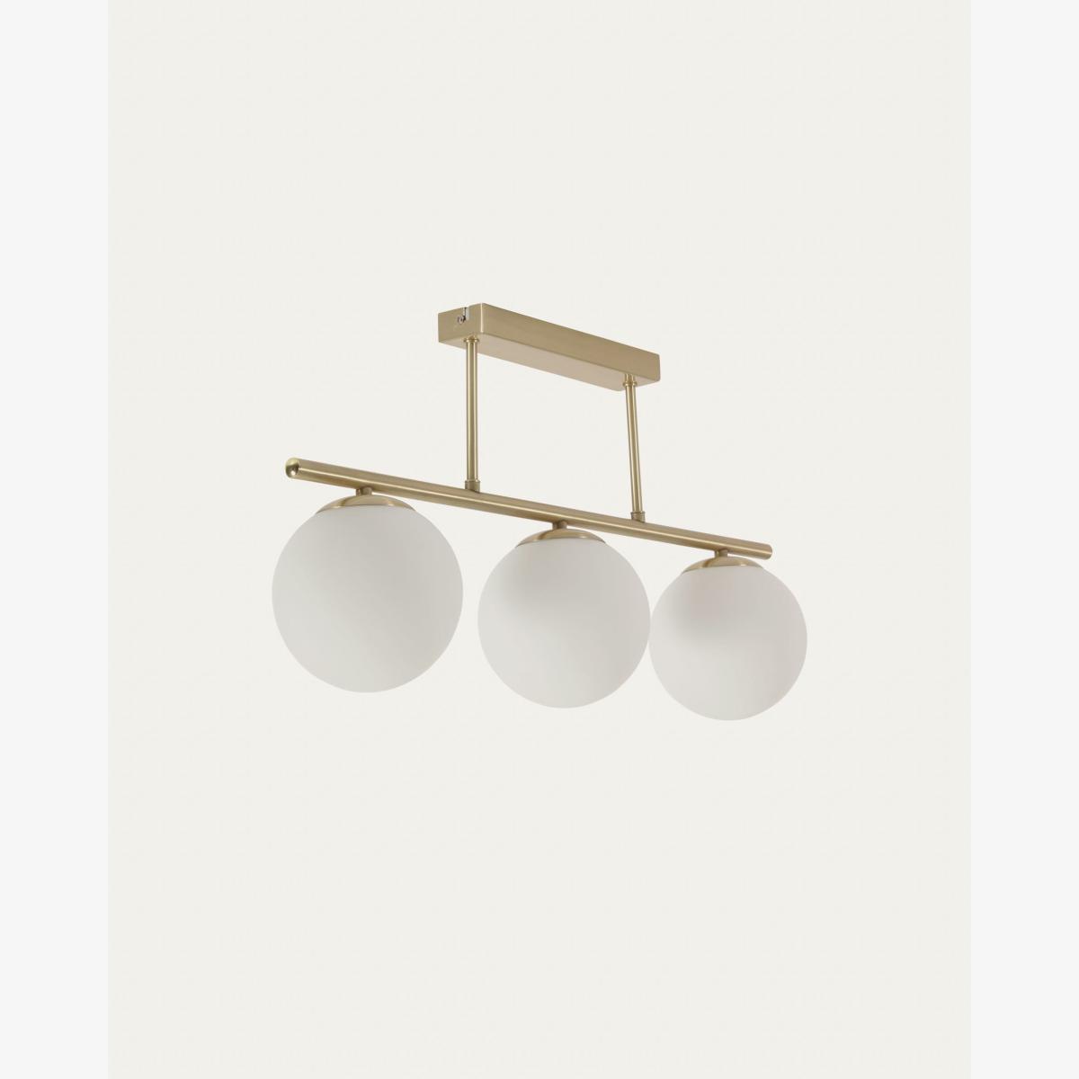 Mahala ceiling light with steel detail and brass finish and three frosted glass spheres – image 1