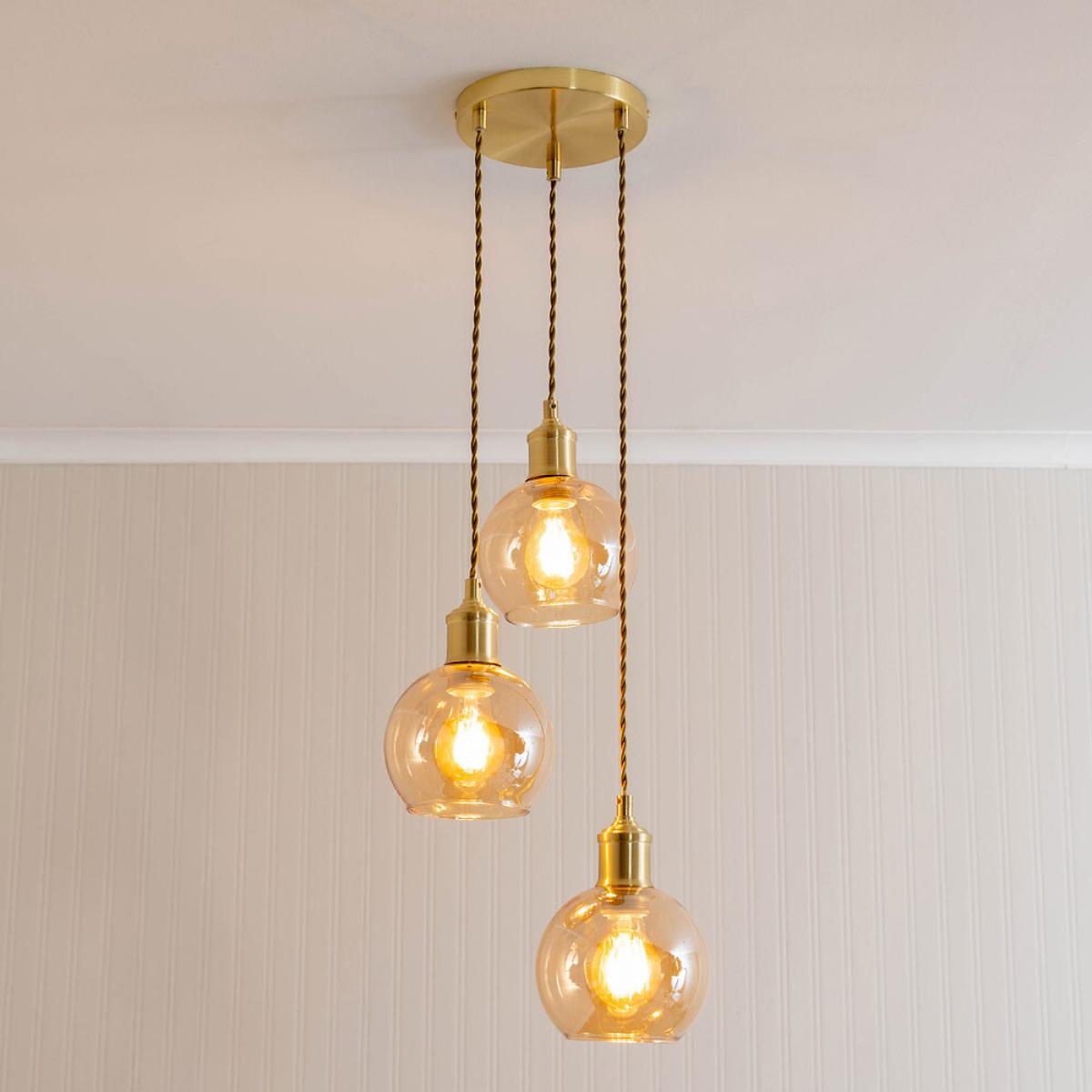 Amber Glass Globe 3-Drop Cluster Ceiling Pendant Light – image 2