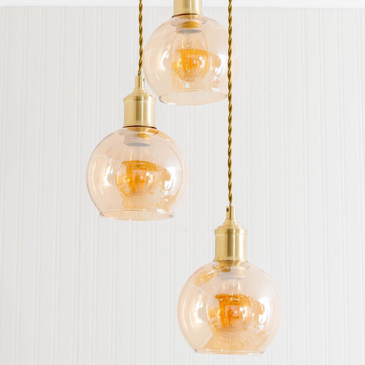 Amber Glass Globe 3-Drop Cluster Ceiling Pendant Light – image 3