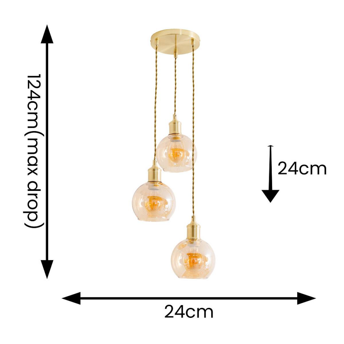 Amber Glass Globe 3-Drop Cluster Ceiling Pendant Light – image 6