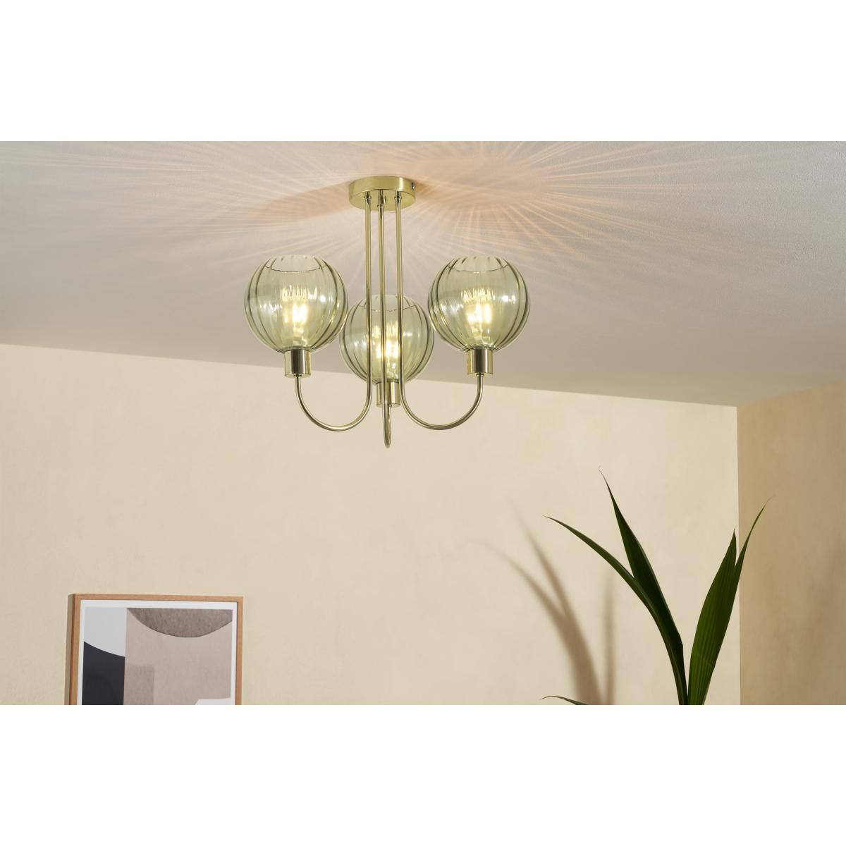 Tilbury Flush Ceiling Light, Green Glass & Brass – image 3