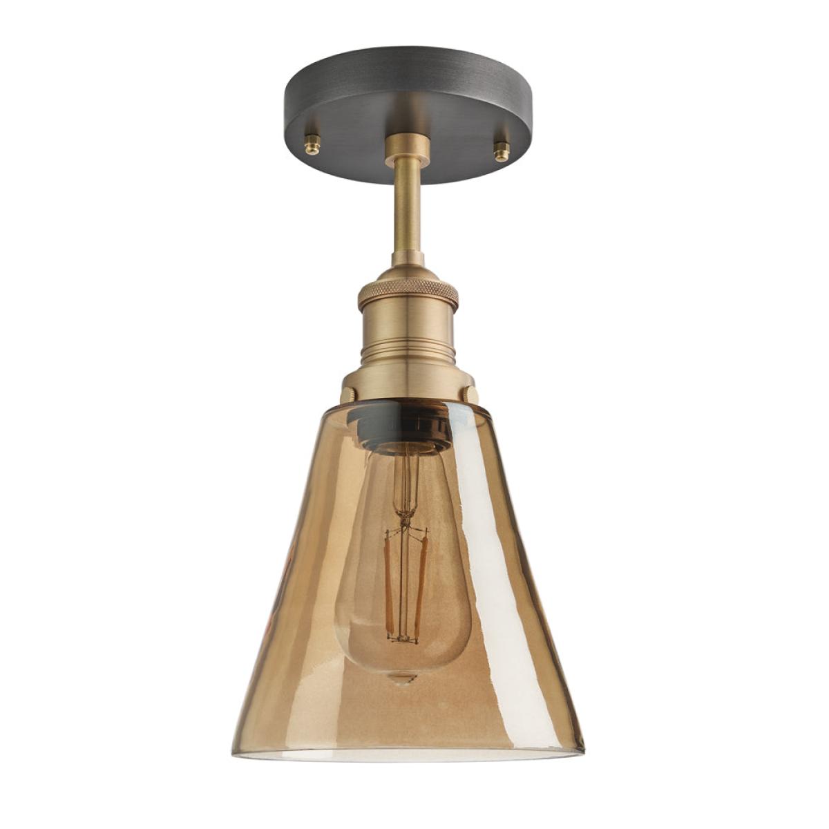 Industville Brooklyn Tinted Glass Flask Amber Flush Mount Light / 6 Inch Brass Holder – image 2