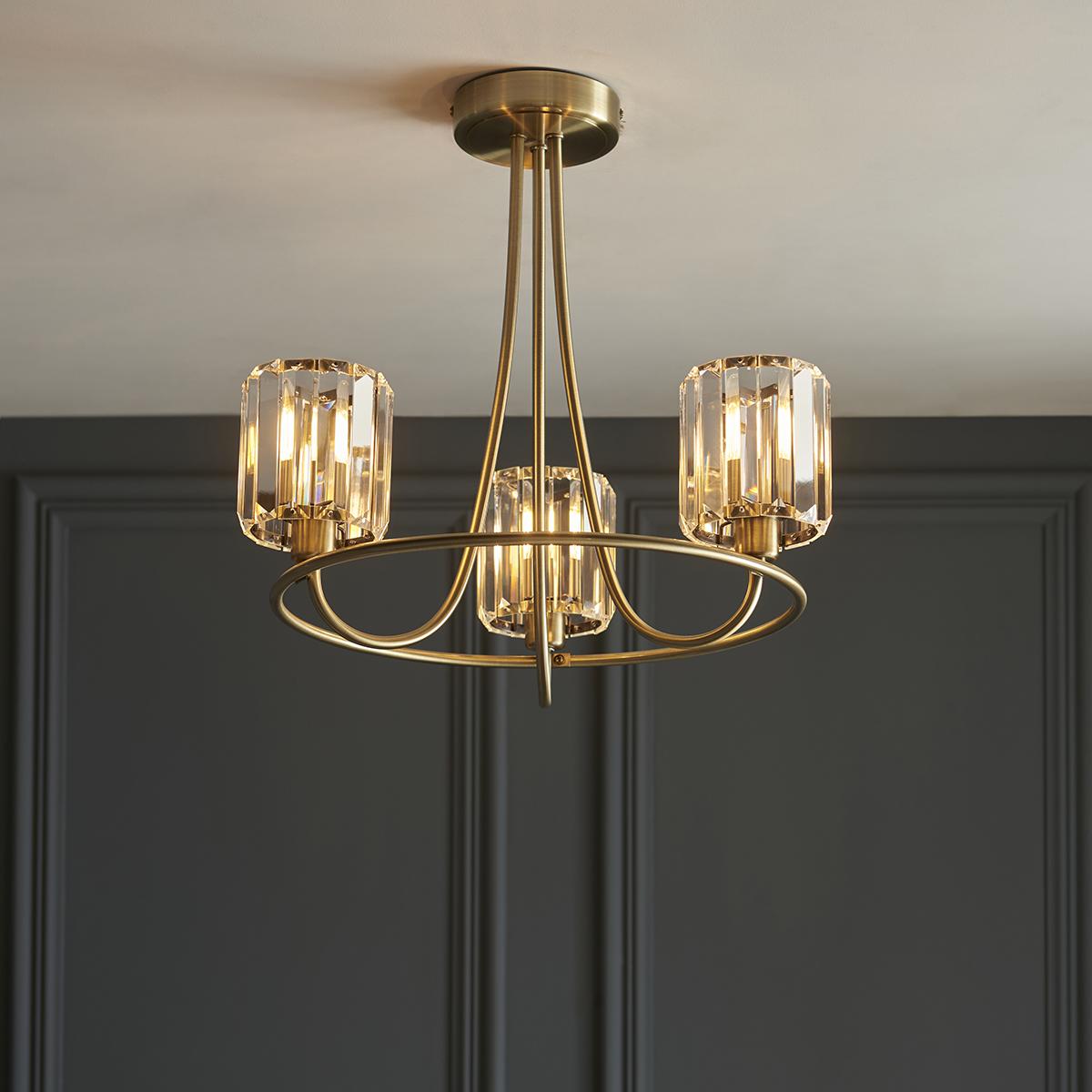 Bernadette Clear Glass Three Light Semi Flush Light in Antique Brass – image 2