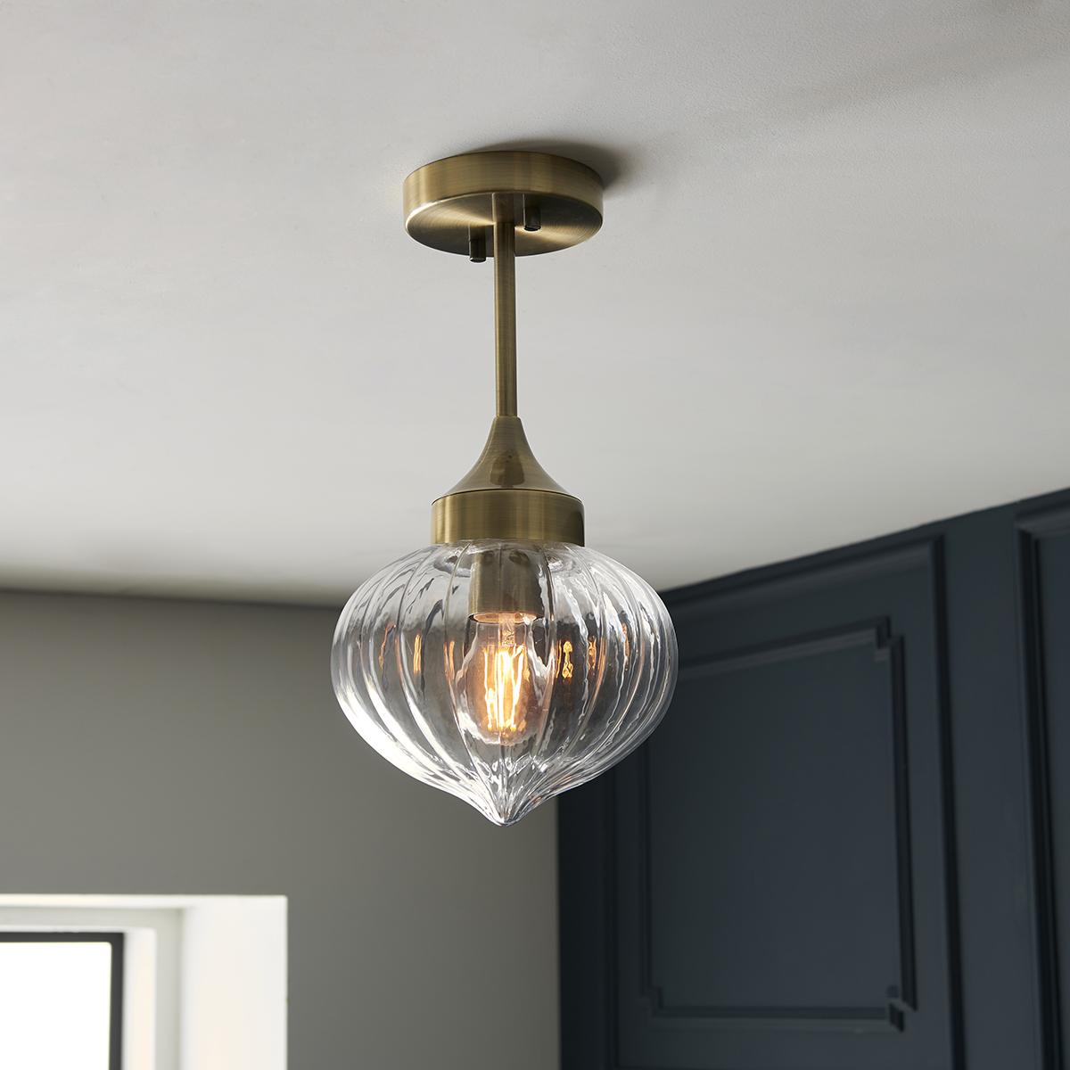 Adam Clear Ribbed Glass Semi Flush Light in Antique Brass – image 2