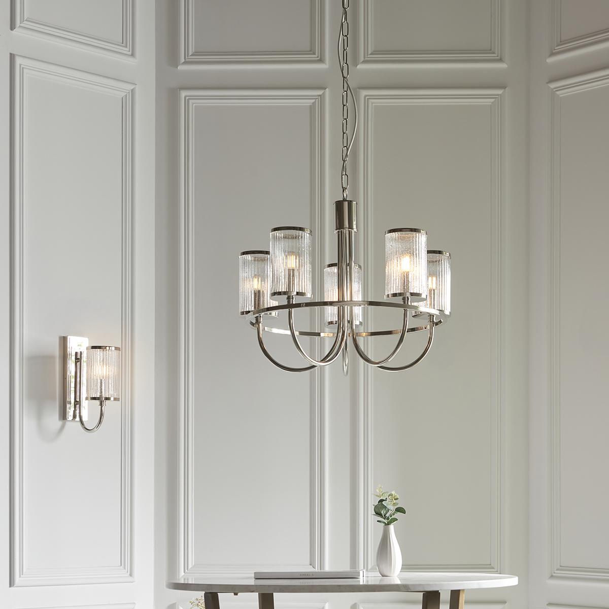 Bracos 5-Light Pendant in Bright Nickel & Ribbed Glass – image 3