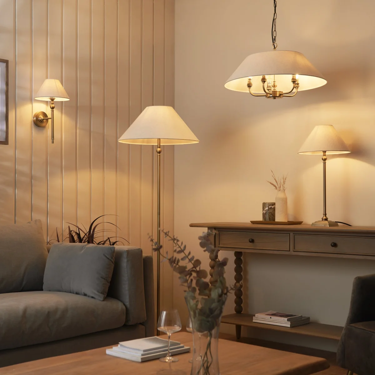 Lille Shaded 5 Light Pendant Antique Brass – image 8