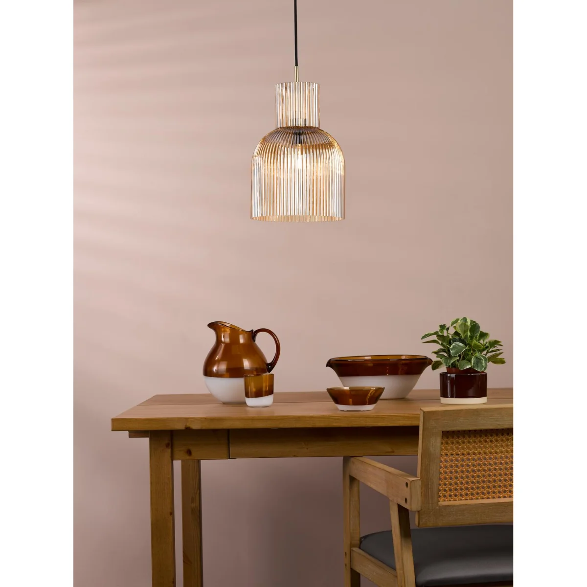 Bixby Amber Ribbed Glass & Brushed Bronze Pendant – image 3