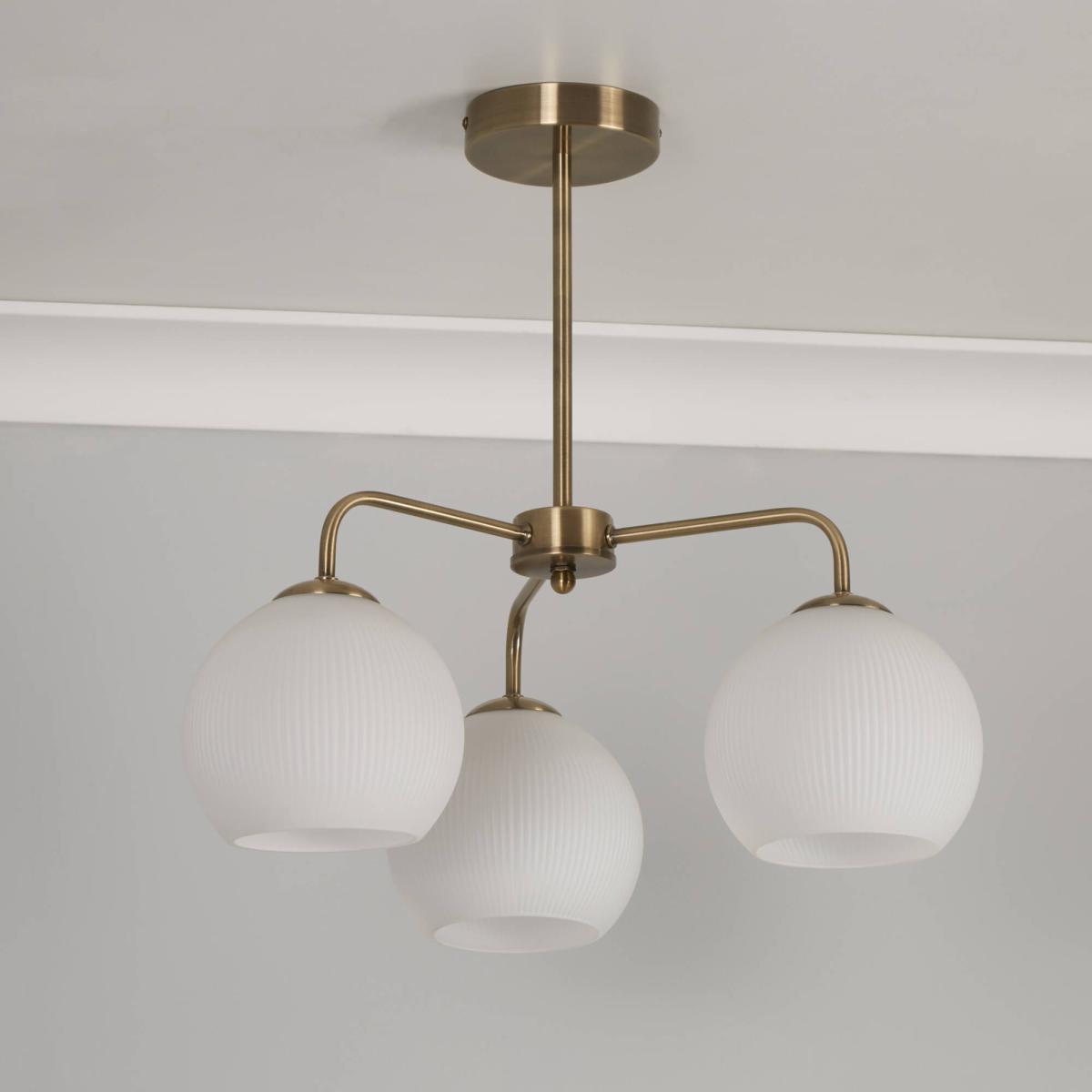 Hamblin 3 Light Antique Brass and Opal Glass Semi-Flush Ceiling Light – image 2