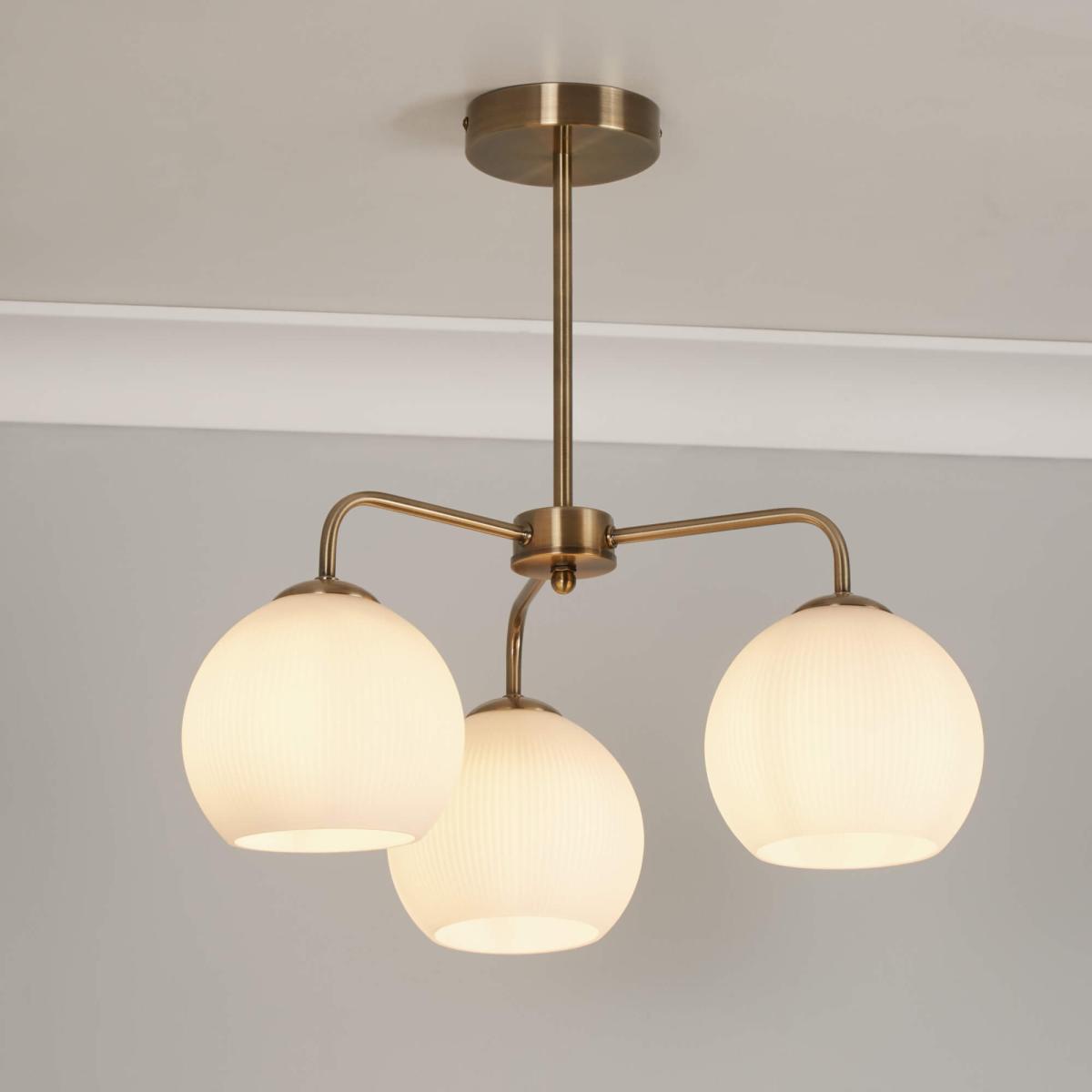 Hamblin 3 Light Antique Brass and Opal Glass Semi-Flush Ceiling Light – image 1