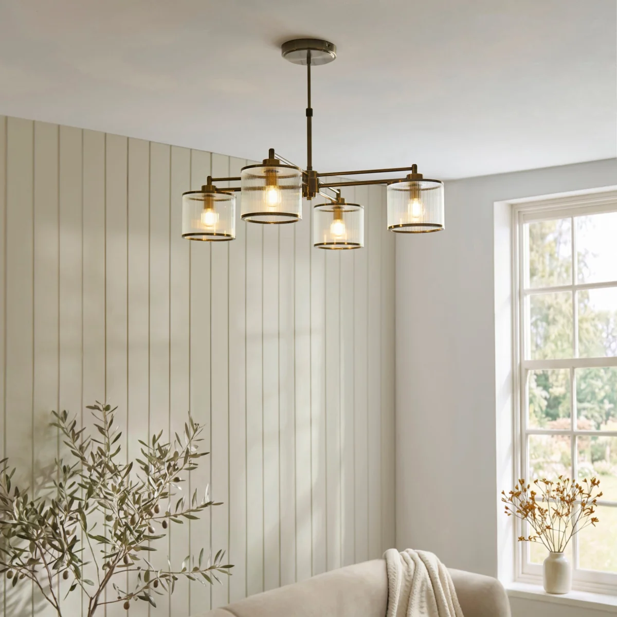 Ridgeton 4 Light Antique Brass & Ribbed Glass Pendant Ceiling Light – image 3
