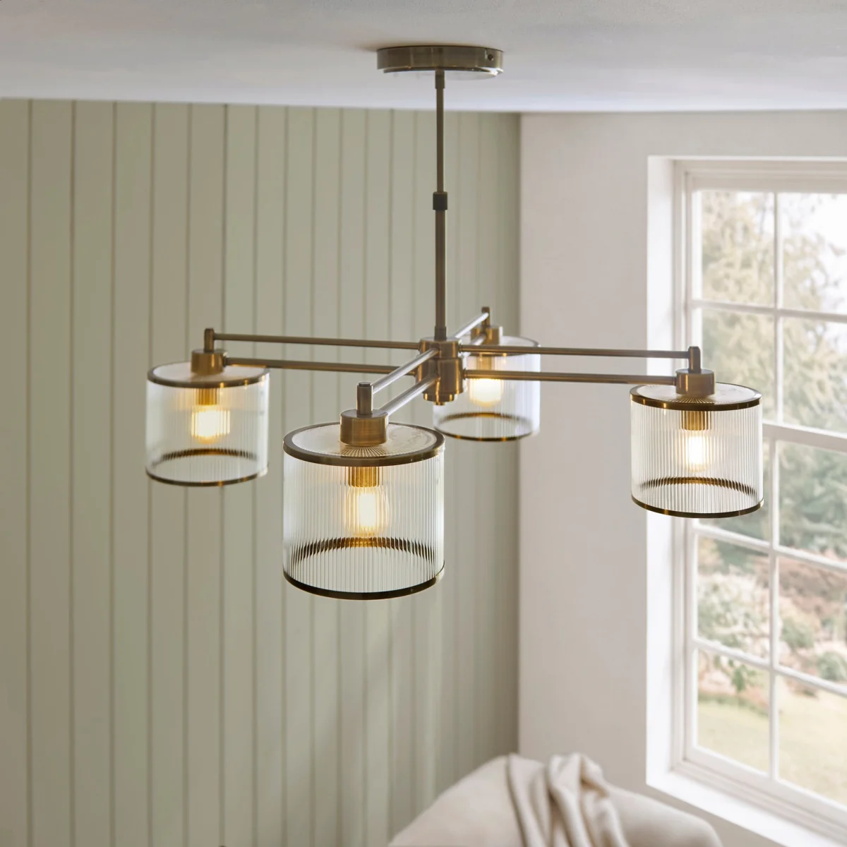 Ridgeton 4 Light Antique Brass & Ribbed Glass Pendant Ceiling Light – image 4