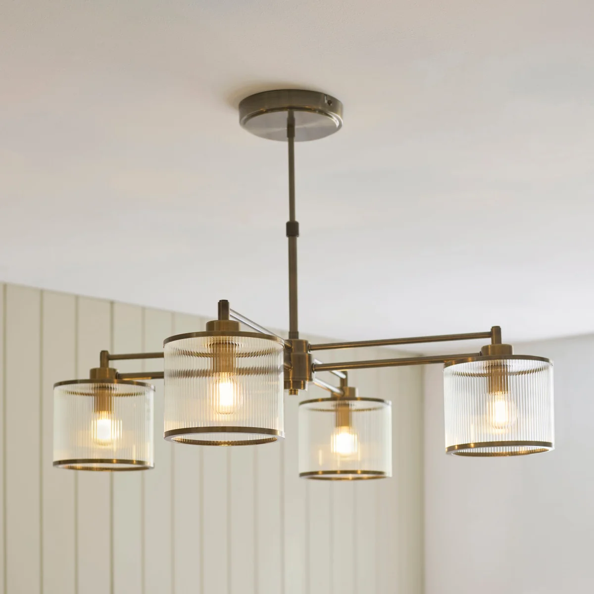 Ridgeton 4 Light Antique Brass & Ribbed Glass Pendant Ceiling Light – image 1