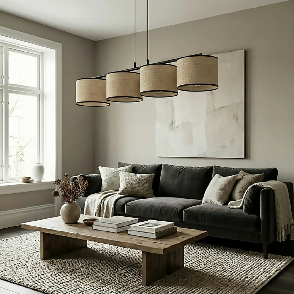 Eco 4 Light Linear Pendant Black & Rattan – image 2
