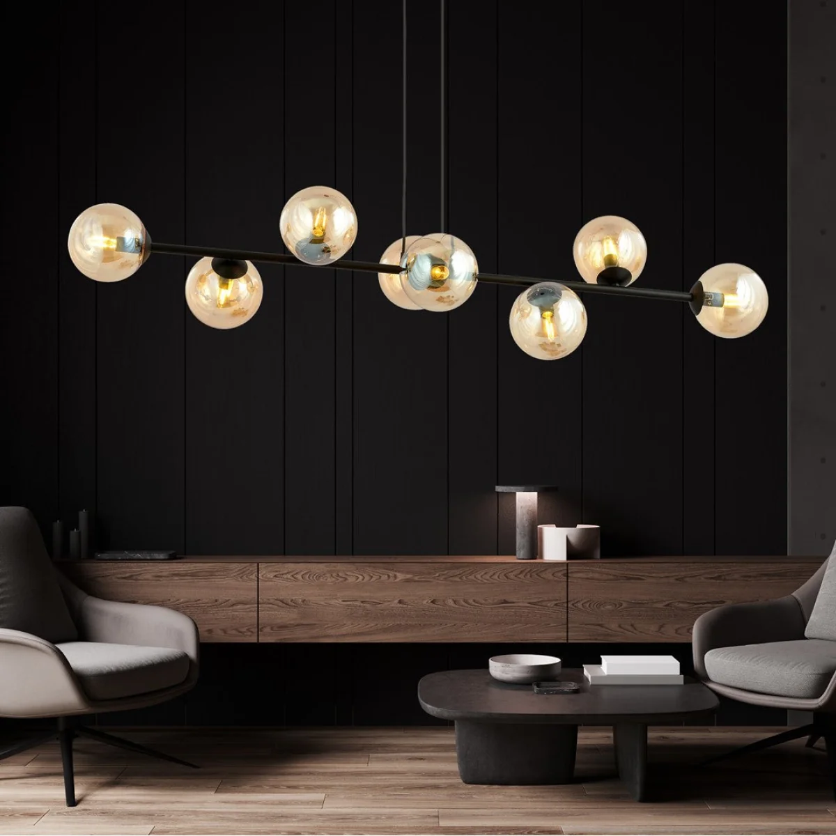 Rossi 8 Light Pendant Black & Amber – image 1