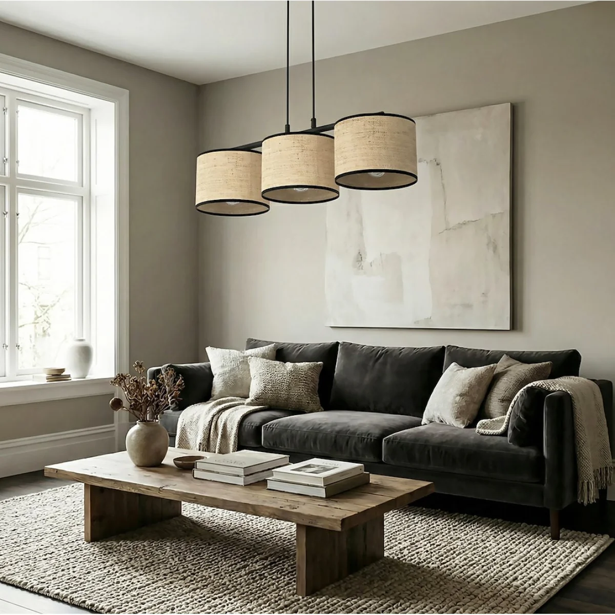 Eco 3 Light Linear Pendant Black & Rattan – image 2